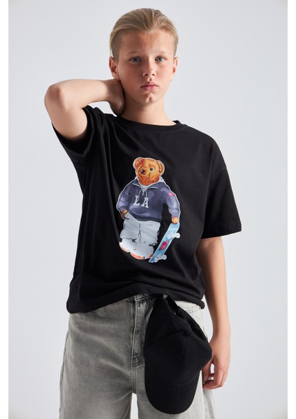Teddy Bear Kaykay Tasarım Baskılı %100 Pamuk Erkek Oversize Çocuk Tişört indirimleri