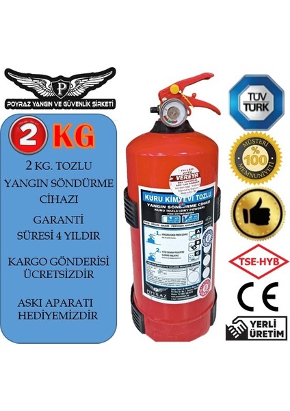 Yangın Tüpü Söndürücü 2 kg 2025 dolum 2029 tekrar dolum askı aparatı hediyeli