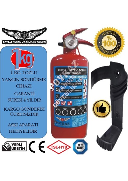 Yangın Söndürme Tüpü Abc Tozlu 1kg 2025-2029Tarihli Askıhedıyeli Tüv-Türk Muayeneye Uyumlu 4 Yıl Garantili