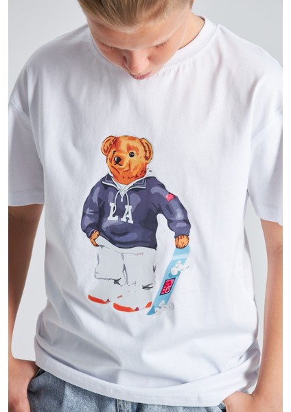 Teddy Bear Kaykay Tasarım Baskılı %100 Pamuk Erkek Oversize Çocuk Tişört
