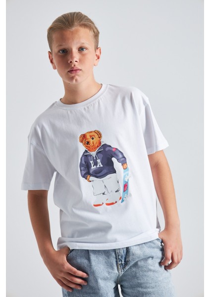 Teddy Bear Kaykay Tasarım Baskılı %100 Pamuk Erkek Oversize Çocuk Tişört fiyatları