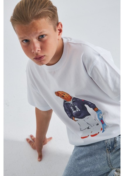 Teddy Bear Kaykay Tasarım Baskılı %100 Pamuk Erkek Oversize Çocuk Tişört modelleri