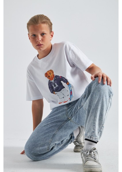 Teddy Bear Kaykay Tasarım Baskılı %100 Pamuk Erkek Oversize Çocuk Tişört fırsatları