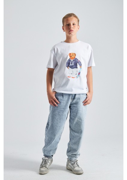 Teddy Bear Kaykay Tasarım Baskılı %100 Pamuk Erkek Oversize Çocuk Tişört indirimleri