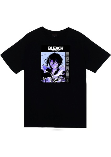 Bleach Rukia Kuchiki Anime Baskılı Unisex %100 Pamuk Siyah T-Shirt