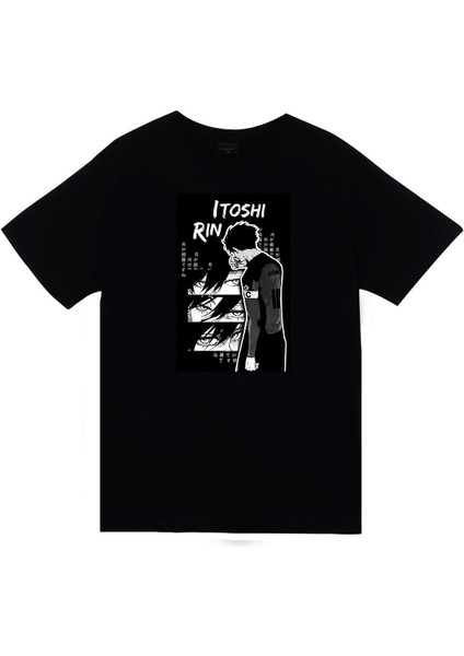 Blue Lock, Rin Itoshi Anime Baskılı Unisex %100 Pamuk Siyah T-Shirt