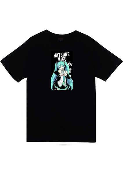Hatsune Miku Anime Baskılı Unisex %100 Pamuk Siyah T-Shirt