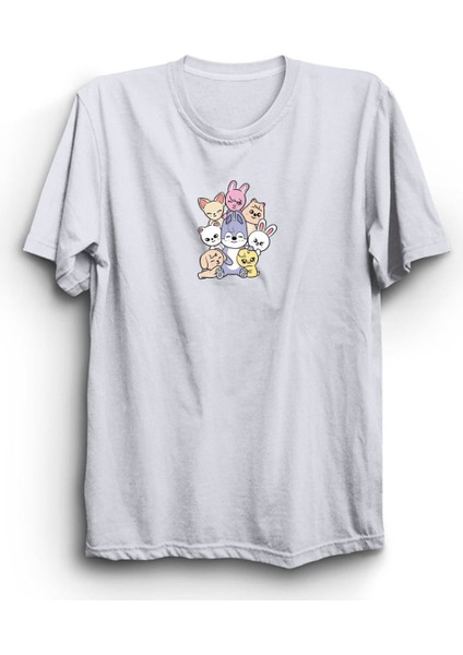 Stray Kids Skzoo Karakter Baskılı Unisex %100 Pamuk Beyaz T-Shirt