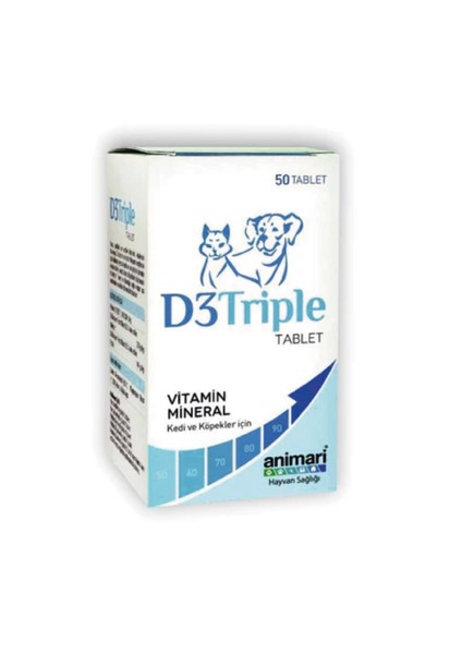 D3 Triple Kedi ve Köpekler İçin Vitamin D3 Kalsiyum ve Fosfor 50 Tablet