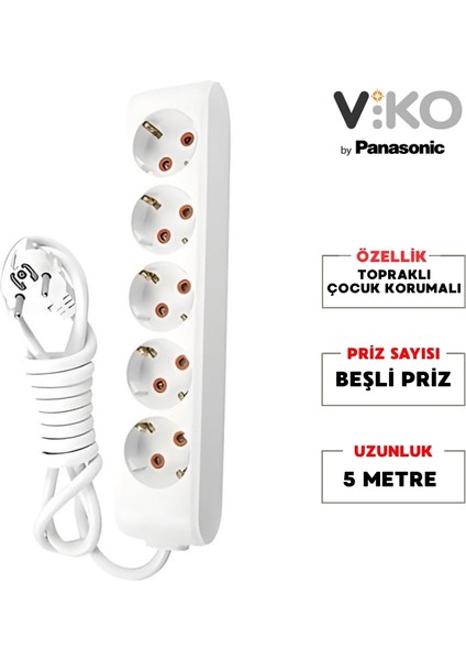 | Beşli Grup Priz, Topraklı - Çocuk Korumalı Çoğaltıcı Priz [5'li, 5 Metre, Beyaz] fiyatları