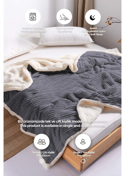 Sherpa Battaniye Çift Kişilik Çizgili Yumuşak Peluş Wellsoft Yatak Örtüsü Antrasit Koyu Gri