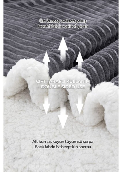 Sherpa Battaniye Çift Kişilik Çizgili Yumuşak Peluş Wellsoft Yatak Örtüsü Antrasit Koyu Gri