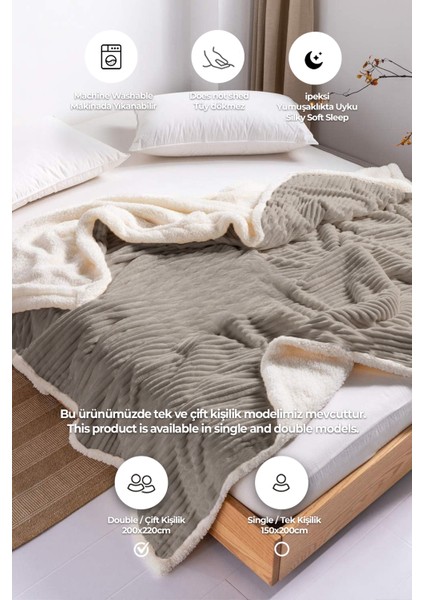 Sherpa Battaniye Çift Kişilik Çizgili Yumuşak Peluş Wellsoft Yatak Örtüsü Vizon