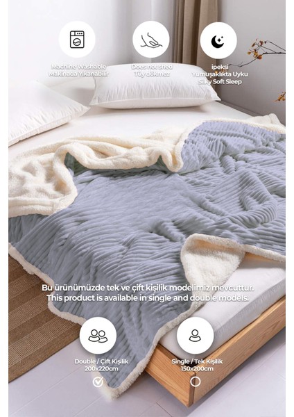 Sherpa Battaniye Çift Kişilik Çizgili Yumuşak Peluş Wellsoft Yatak Örtüsü Gri