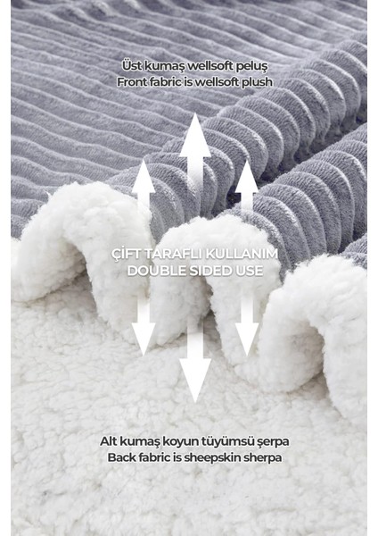 Sherpa Battaniye Çift Kişilik Çizgili Yumuşak Peluş Wellsoft Yatak Örtüsü Gri