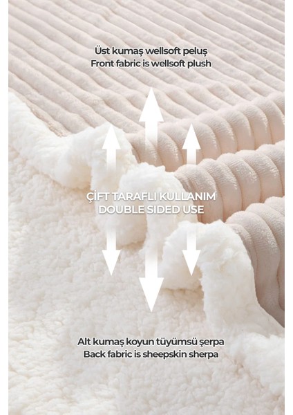Sherpa Battaniye Çift Kişilik Çizgili Yumuşak Peluş Wellsoft Yatak Örtüsü Krem Kırık Beyaz
