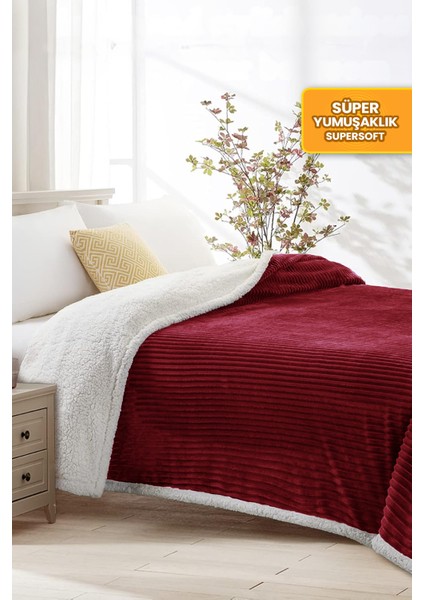 Sherpa Battaniye Çift Kişilik Çizgili Yumuşak Peluş Wellsoft Yatak Örtüsü Bordo