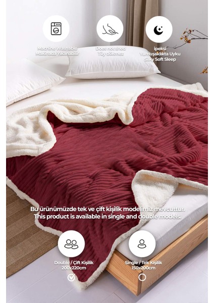 Sherpa Battaniye Çift Kişilik Çizgili Yumuşak Peluş Wellsoft Yatak Örtüsü Bordo