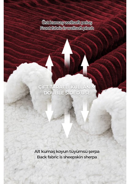 Sherpa Battaniye Çift Kişilik Çizgili Yumuşak Peluş Wellsoft Yatak Örtüsü Bordo