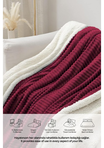 Sherpa Battaniye Çift Kişilik Çizgili Yumuşak Peluş Wellsoft Yatak Örtüsü Bordo