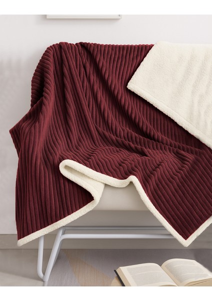 Sherpa Battaniye Çift Kişilik Çizgili Yumuşak Peluş Wellsoft Yatak Örtüsü Bordo
