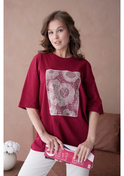 Bisiklet Yaka Ön Yüzü Tül Detaylı Oversize Kalıp Basic T-Shirt indirimleri
