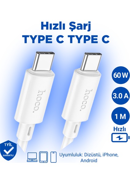 X88 60W 3A Type-C to Type-C Iphone Android Uyumlu Hızlı Şarj Veri Kablosu Beyaz 1 metre