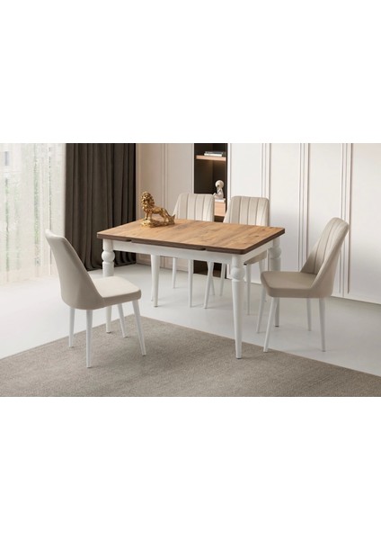Ahşap Salon Yemek Masa Sandalye Takımı 4 Sandalyeli Yandan Açılır Büyüyen Meşe 70 x 110 cm