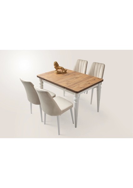 Ahşap Salon Yemek Masa Sandalye Takımı 4 Sandalyeli Yandan Açılır Büyüyen Meşe 70 x 110 cm