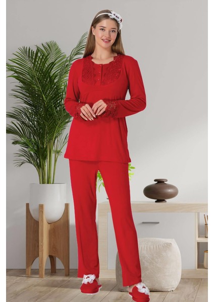 Mecit 6500 Kırmızı Kadife Sabahlıklı Gecelik Pijama Lohusa Set