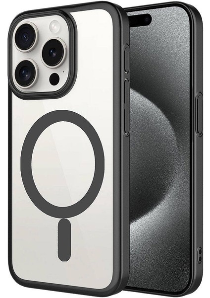 Apple iPhone 15 Pro Kılıf Wireless Şarj Özellikli Sert Pc Mat Riksos Magsafe Kapak-Siyah