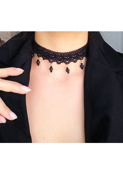 Dantel Gotik Siyah Doğaltaşlı Tasma Choker Kolye