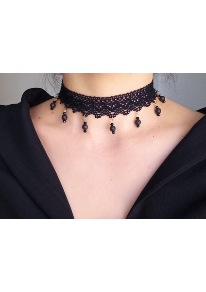 Dantel Gotik Siyah Doğaltaşlı Tasma Choker Kolye