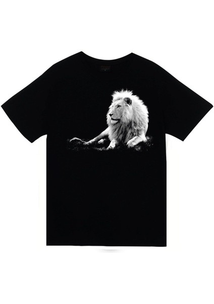 Unisex Siyah Aslan Baskılı T-Shirt