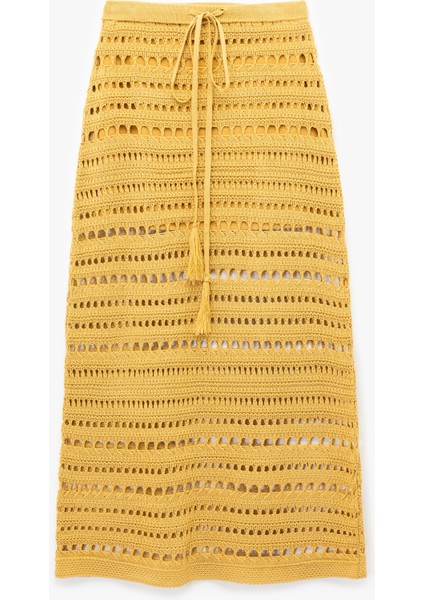 Yarım Astarlı Beli Bağcıklı Uzun Kroşe Etek