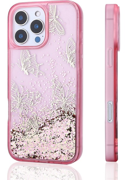 Apple iPhone 15 Pro Max Uyumlu Kılıf Sıvılı Simli Kelebek Baskılı Şeffaf Arka Yüzey Tqr Glis Silikon Kapa