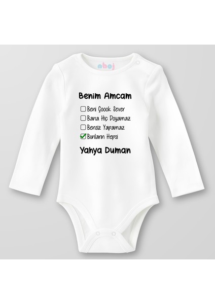 Organik Pamuk Benim Amcam Beni Çok Sever Bebek Body Çıtçıtlı Zıbın Badi Uzun Kol