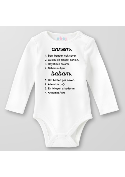 Organik Pamuk Annem ve Babam Numaralı Bebek Body Çıtçıtlı Zıbın Badi Uzun Kol
