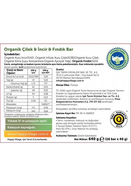 Organik Çilek&incir&fındık Bar -Meyve Barı- Organik Meyve Barı- Glutensiz- Vegan40 gr x 16 Ad.