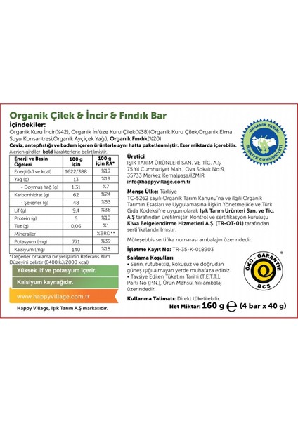 Organik Çilek&incir&fındık Bar-Meyve Barı- Organik Meyve Barı- Glutensiz- Vegan 40 gr x 4 Ad.