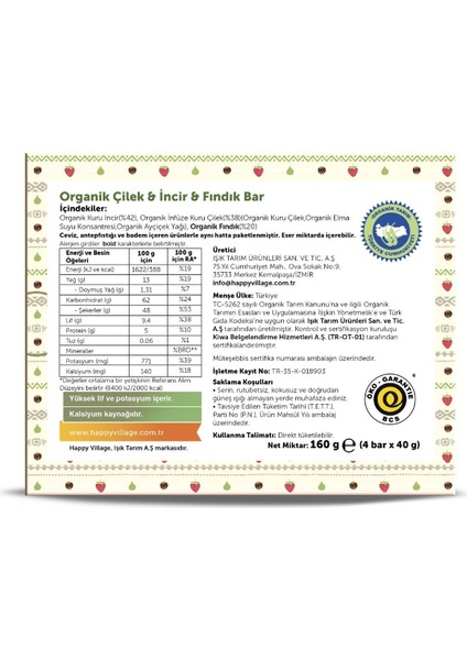 Organik Çilek&incir&fındık Bar-Meyve Barı- Organik Meyve Barı- Glutensiz- Vegan 40 gr x 4 Ad.