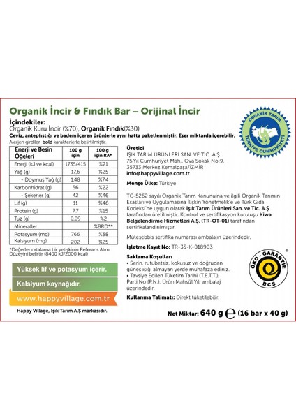 Organik Incir&fındık Bar-Orijinal Incir-Meyve Barı- Organik Meyve Barı- Glutensiz- Vegan 40 gr x 16 Ad.