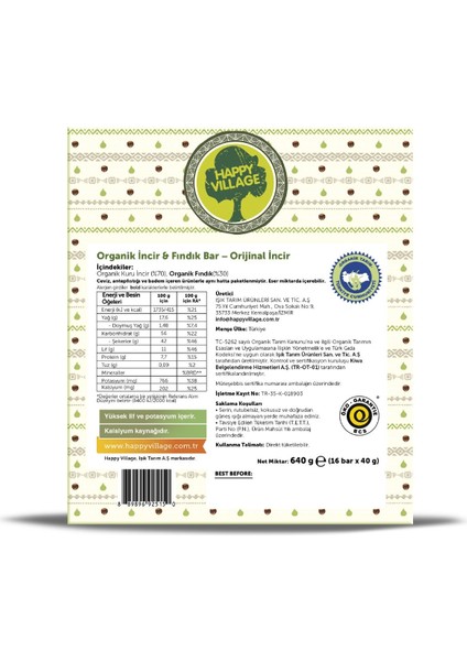 Organik Incir&fındık Bar-Orijinal Incir-Meyve Barı- Organik Meyve Barı- Glutensiz- Vegan 40 gr x 16 Ad.