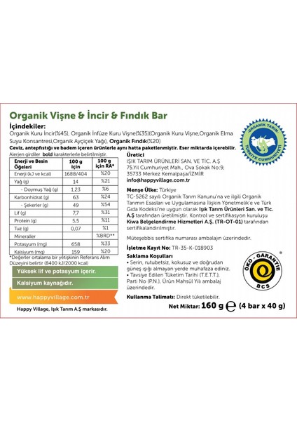 Organik Vişne&incir&fındık Bar-Meyve Barı- Organik Meyve Barı- Glutensiz- Vegan- 40 gr x 4 Ad.