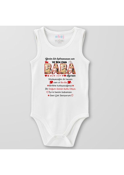 Organik Pamuk Benim Bir Kahramanım Var Baba Bebek Body Çıtçıtlı Zıbın Badi Kolsuz