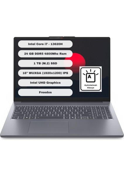 Ideapad Slim 3 16IRH10 GTI24 Intel Core I7 13620H 24GB 1tb SSD Freedos 16'' Fhd Taşınabilir Bilgisayar 83K2001VTR
