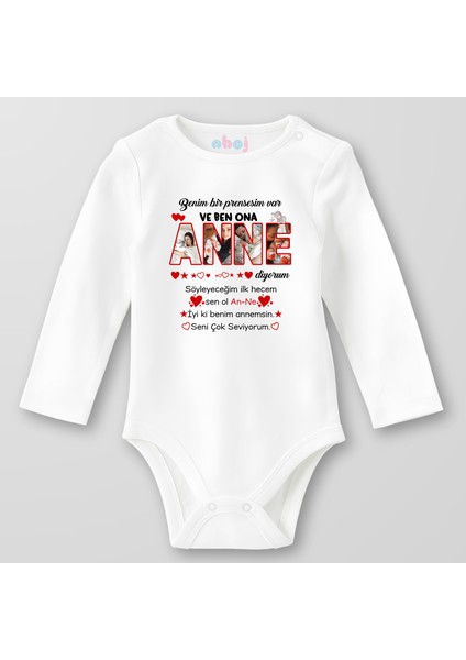Organik Pamuk Benim Bir Prensim Var Anne Kişiye Özel Bebek Body Çıtçıtlı Zıbın Badi Uzun Kol