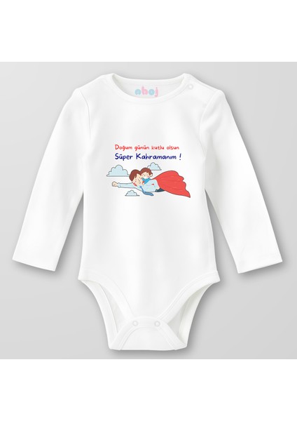 Organik Pamuk Doğum Günün Kutlu Olsun Süper Kahramanım Bebek Body Çıtçıtlı Zıbın Badi Uzun Kol