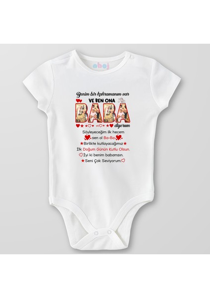 Organik Pamuk Benim Bir Kahramanım Var Baba Bebek Body Çıtçıtlı Zıbın Badi Kısa Kol