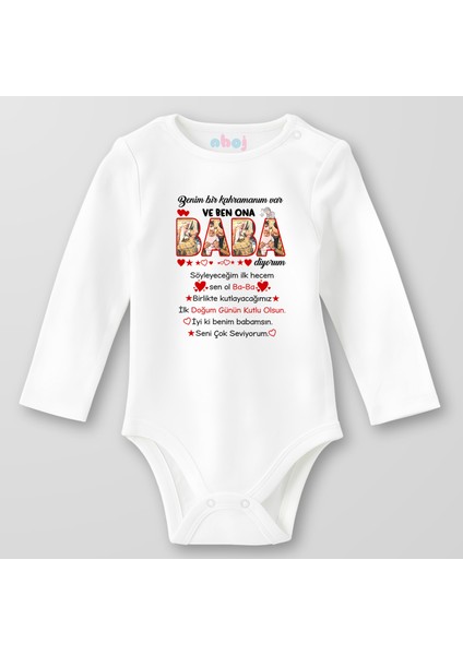 Organik Pamuk Benim Bir Kahramanım Var Baba Bebek Body Çıtçıtlı Zıbın Badi Uzun Kol